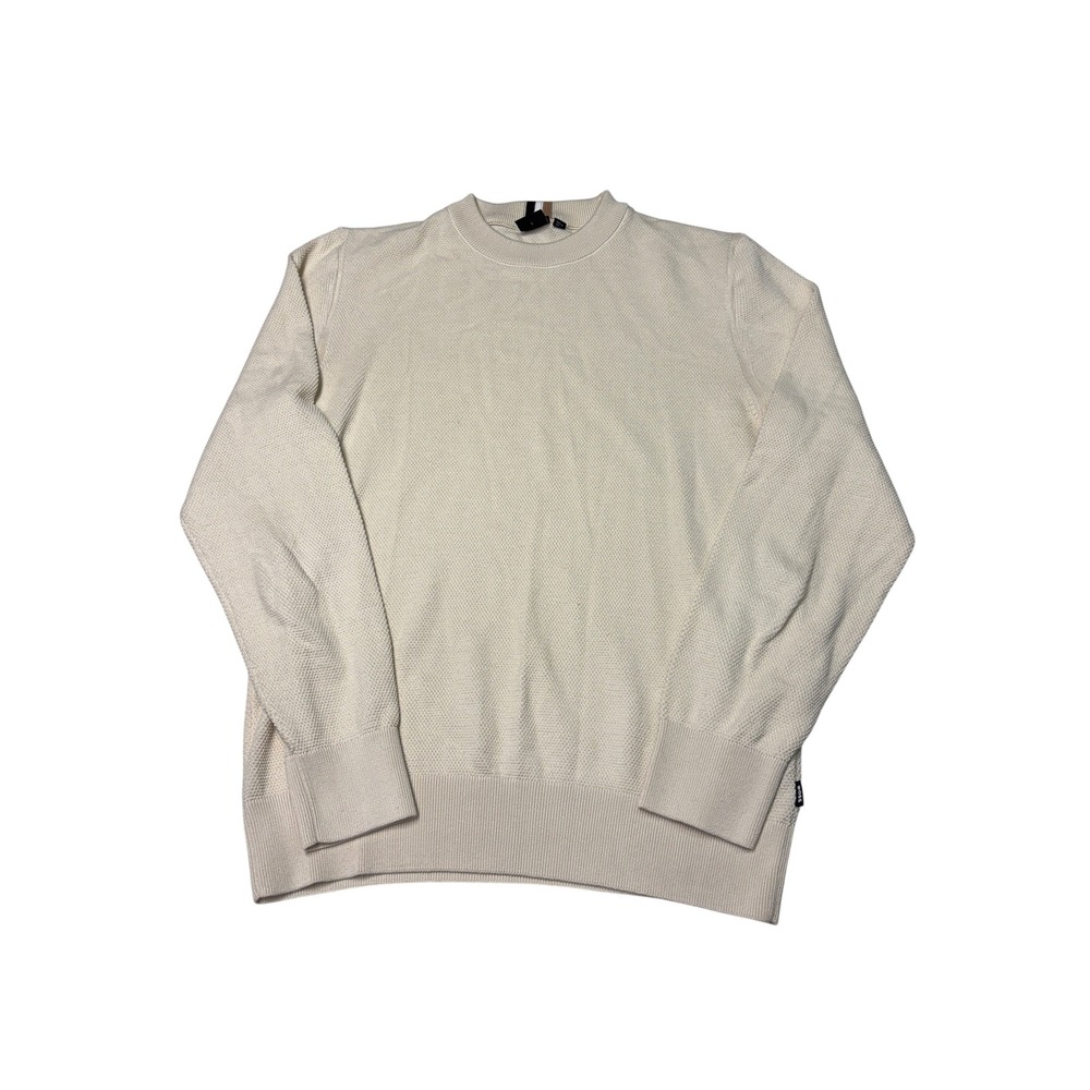 Hugo Boss Mens Cream Textured Cotton Crew Neck Sweater Large Off White Knit